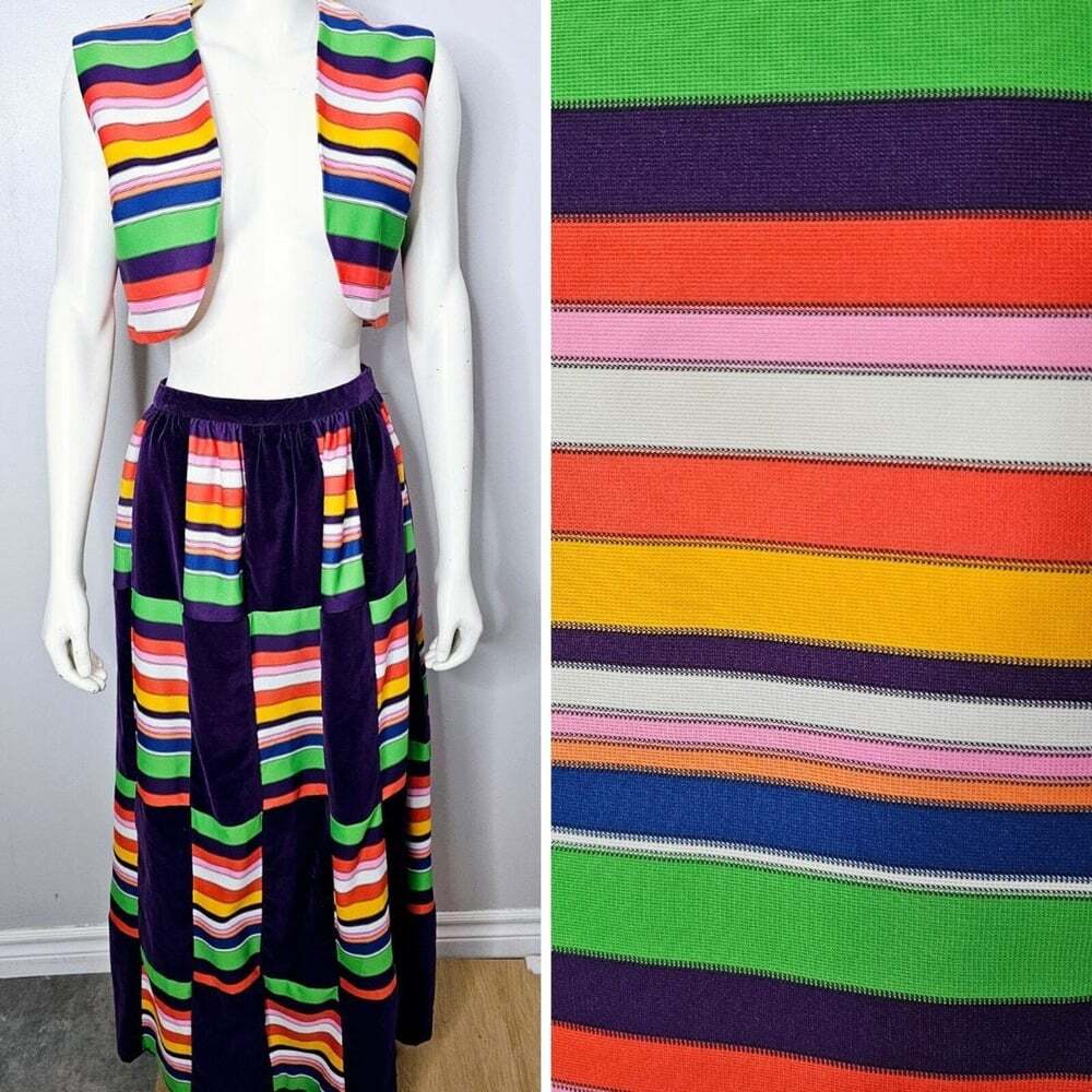 Vintage 1970s Rainbow Patchwork Velvet Skirt and Vest
